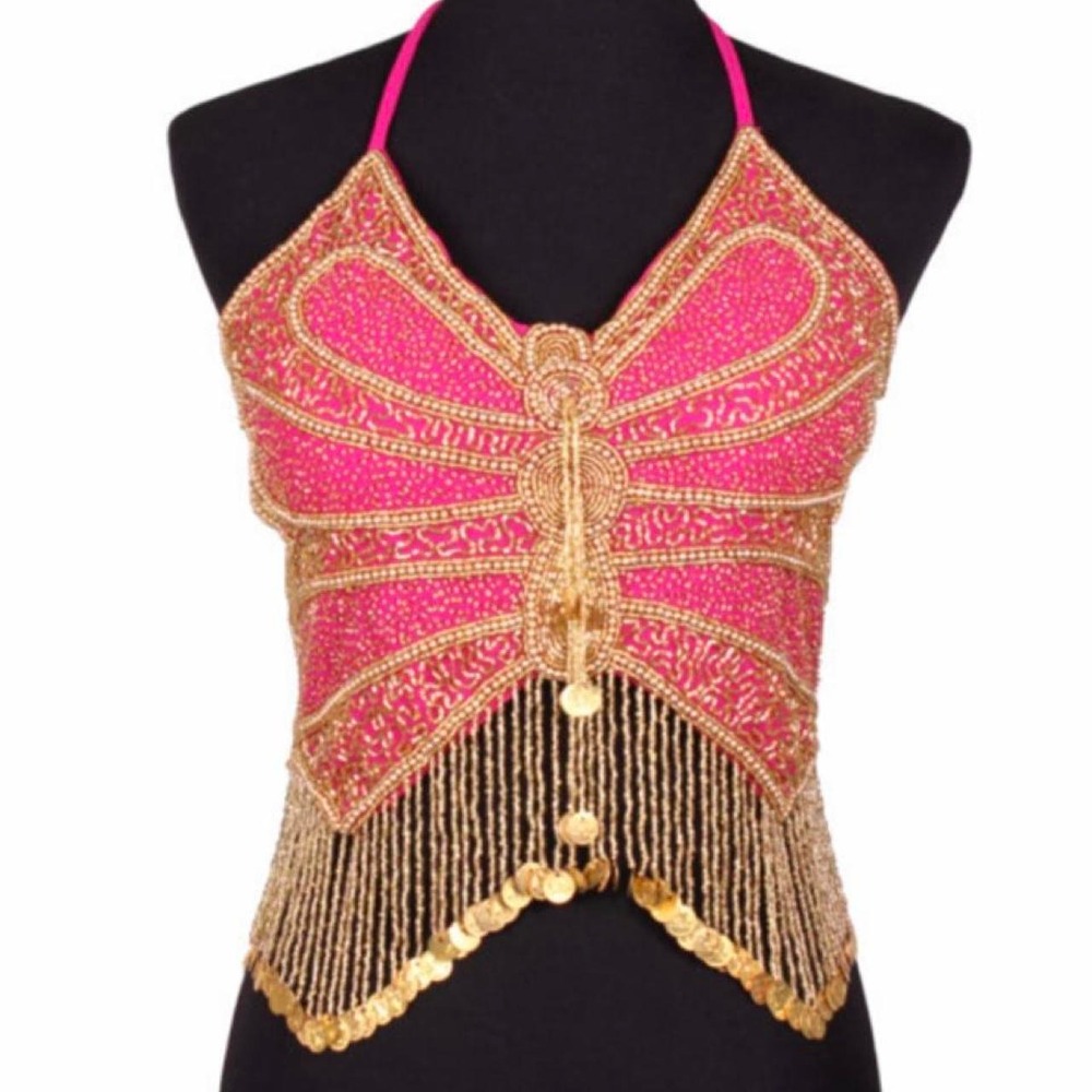 Western Fashion Pink Gold Beaded Butterfly Crop Top Fringe Halter/One Size
